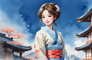 portrait of a Asian girl watercolor art