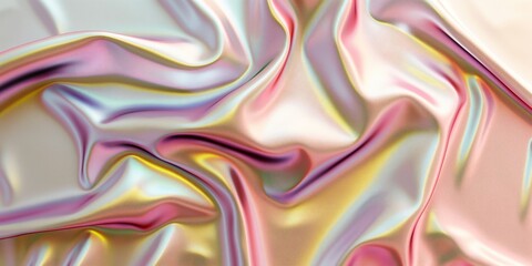 Fototapeta premium Trendy texture with polarization effect and colorful neon holographic stains. Gold, mother-of-pearl foil, fabric. Waves of shiny smooth fabric.