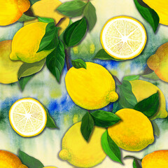 Lemons and leaves - seamless pattern. Watercolor background illustrations for greeting cards, fabric, kitchen textiles, wallpaper or wrapping paper. Use printed materials, signs, objects, websites, - 749584559