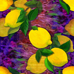 Lemons and leaves - seamless pattern. Watercolor background illustrations for greeting cards, fabric, kitchen textiles, wallpaper or wrapping paper. Use printed materials, signs, objects, websites, - 749584560