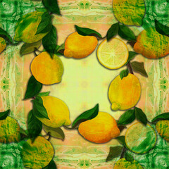 Lemons and leaves - seamless pattern. Watercolor background illustrations for greeting cards, fabric, kitchen textiles, wallpaper or wrapping paper. Use printed materials, signs, objects, websites, - 749584719