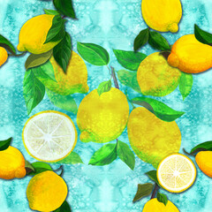 Lemons and leaves - seamless pattern. Watercolor background illustrations for greeting cards, fabric, kitchen textiles, wallpaper or wrapping paper. Use printed materials, signs, objects, websites, - 749584753