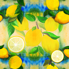 Lemons and leaves - seamless pattern. Watercolor background illustrations for greeting cards, fabric, kitchen textiles, wallpaper or wrapping paper. Use printed materials, signs, objects, websites, - 749584787