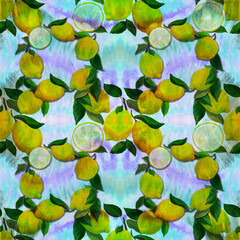 Lemons and leaves - seamless pattern. Watercolor background illustrations for greeting cards, fabric, kitchen textiles, wallpaper or wrapping paper. Use printed materials, signs, objects, websites, - 749584950