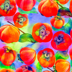 Persimmon fruits and leaves - seamless pattern. Watercolor background illustrations for greeting cards, fabric, kitchen textiles, wallpaper or wrapping paper. Use printed materials, signs, objects, 