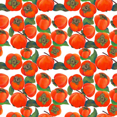 Persimmon fruits and leaves - seamless pattern. Watercolor background illustrations for greeting cards, fabric, kitchen textiles, wallpaper or wrapping paper. Use printed materials, signs, objects,  - 749585121