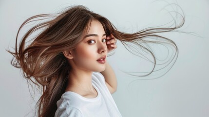 Portrait photography of young woman Wears a white t-shirt, has long hair and is cute and beautiful.