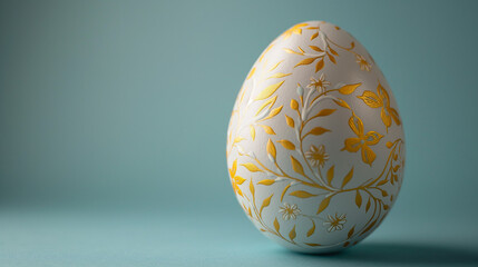 Easter egg with delicate \golden floral pattern on soft blue background