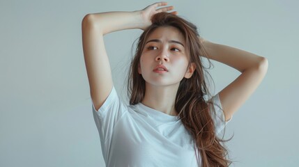 Fototapeta premium Portrait photography of young woman Wears a white t-shirt, has long hair and is cute and beautiful.