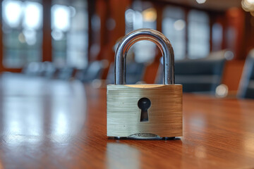 Internal meetings and padlocks where confidentiality is paramount. The conference room has strict security to protect information. Confidentiality and information leakage concept. - obrazy, fototapety, plakaty