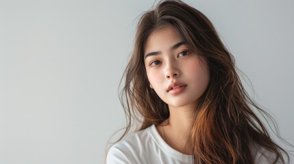 Fototapeta premium Portrait photography of young woman Wears a white t-shirt, has long hair and is cute and beautiful.