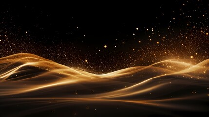 Fototapeta na wymiar Digital Gold Particles Wave and light abstract background with shining floor particle stars dust. Futuristic glittering Luxury golden sparkling on black background.