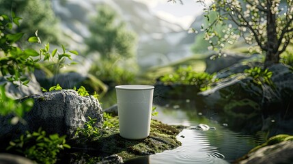an outdoor water cup, designed to enhance the outdoor drinking experience, durability, sleek design, and eco-friendliness against a backdrop of nature.