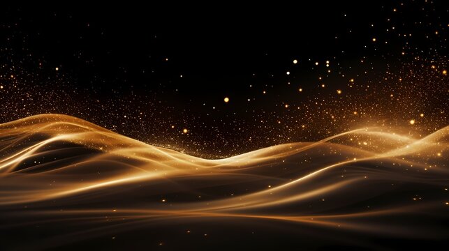 Digital Gold Particles Wave and light abstract background with shining floor particle stars dust. Futuristic glittering Luxury golden sparkling on black background.