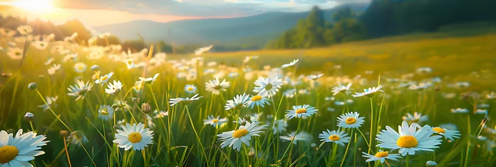 Tuinposter Beautiful spring and summer natural panoramic pastoral landscape with blooming field of daisies in the grass in the hilly countryside. © john