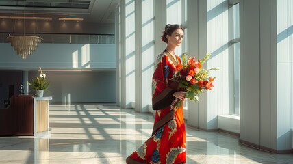 a Kazakh woman adorned in a suit as she confidently strolls through a brightly lit office, carrying a bouquet of flowers, radiating pride and professionalism.