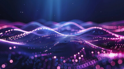 Abstract wavy futuristic technological wallpaper with luminous dots in purple and blue colors with...