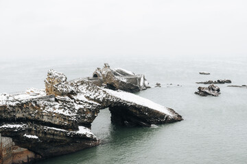 Virgin Rock with snow in Biarritz. Basque Country of France. - 749587370