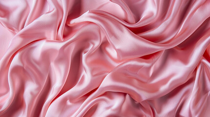 Fototapeta premium Abstract wavy pink silk background. Fabric soft texture, top view.