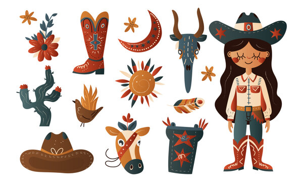 Set of cowgirl boots, cactus, skull, saddle, cow, bird, sun, hat western theme. Wild west retro cowboy sheriff girl. Rodeo retro accessories. Hand drawn bohemian sun, moon, flowers, horseshoe