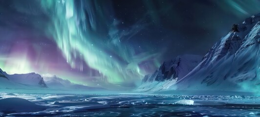 3d illustration of sunrise over tranquil sea horizon and stunning aurora shimmering on the starry night
