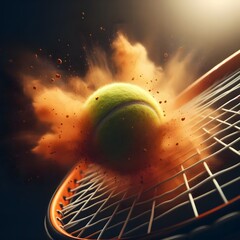 Closeup of racket hitting tennis ball  - obrazy, fototapety, plakaty