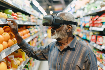 A senior African American man interacts with virtual reality while selecting fruit at the supermarket, a modern twist to routine shopping.