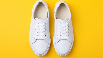 Pair of trendy white sneakers on vibrant yellow backdrop for fashion advertising