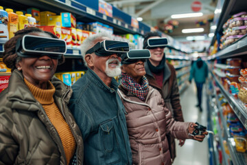 A lively group of seniors experience the future of retail through VR headsets, navigating a virtual supermarket aisle with joy and wonder.