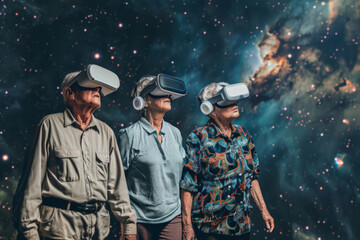 A trio of seniors stand side by side, each lost in awe as they explore the cosmos through virtual reality headsets, a testament to the timeless spirit of discovery.
