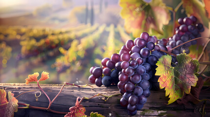 Juicy purple grapes, fresh and ripe, on a background of beautiful sunny refreshing autumn vineyard
