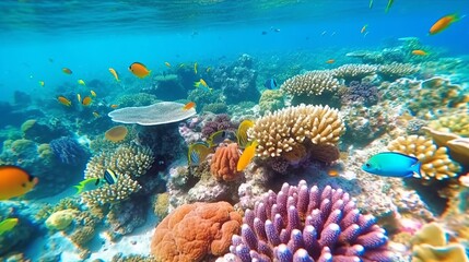 Underwater world. various types of beautiful fish and various types of coral reefs that exist under sea water.sea world - obrazy, fototapety, plakaty