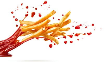 Falling French fries with ketchup on a white background.