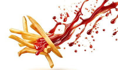 French fries with ketchup sauce flies on a white background. Falling French fries. - obrazy, fototapety, plakaty