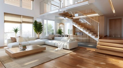 Modern two-story apartment with large living room with a white sofa and a wooden staircase with railings