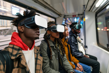 A row of friends in transit, each lost in their own virtual reality, the contrast of their individual digital experiences against the shared physical journey.