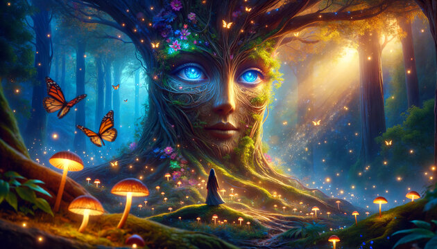 A mystical forest scene with an ancient tree depicting a woman's face with human-like eyes, illuminated by a magical light, identified as AI generated.
