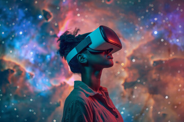 A woman, lost in a virtual cosmos, experiences the universe's vastness with a VR headset amidst a nebula's colorful expanse.
