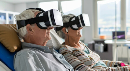 A senior man and woman sit side by side, immersed in a virtual reality simulation, exploring digital worlds in a bright modern room.