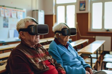 Obraz premium In a classroom setting, a senior man and woman with VR headsets explore virtual learning, reflecting the fusion of education and technology in later life.