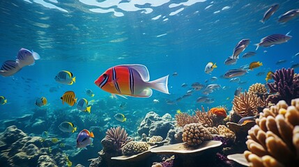 Fototapeta na wymiar Underwater world. various types of beautiful fish and various types of coral reefs that exist under sea water.sea world