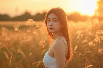 Photo of an Asian woman, about 23 years old, posing against the sunset, wearing a t-shirt.