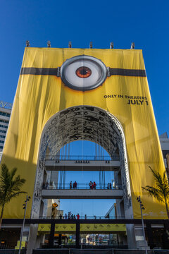 Los Angeles, California, USA, June 19, 2022: Ovation Hollywood Shopping Mall plaza, on Hollywood Boulevard and Highland Avenue, in the Hollywood district. Minions: The Rise of Gru movie poster.