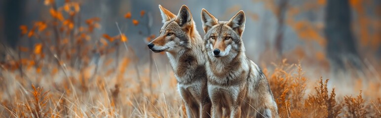 Fototapeta premium Wild coyotes standing in prairie grass in nature found throughout North America. They're known for their distinctive yipping and howling sounds. Portrait of Coyote in grassland.