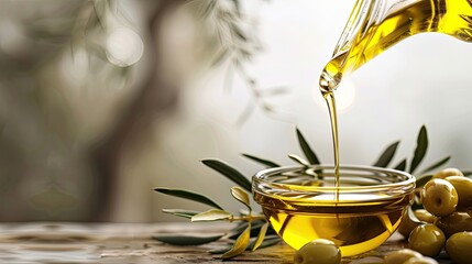 olive oil in cooking on a light background, ample space for text to emphasize its culinary uses, health benefits, and quality assurance, creating an enticing promotional image.