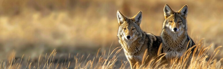 Fototapeta premium Wild coyotes standing in prairie grass in nature found throughout North America. They're known for their distinctive yipping and howling sounds. Portrait of Coyote in grassland.