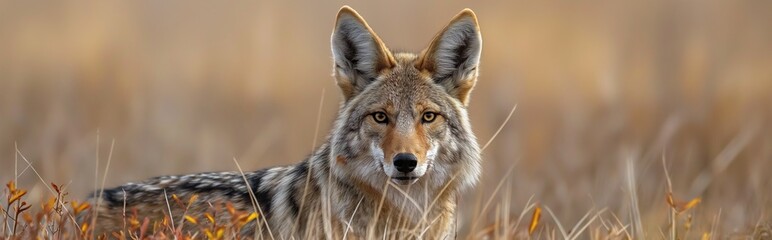 Naklejka na ściany i meble Wild coyotes standing in prairie grass in nature found throughout North America. They're known for their distinctive yipping and howling sounds. Portrait of Coyote in grassland.
