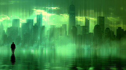 silhouette of a man in green background city