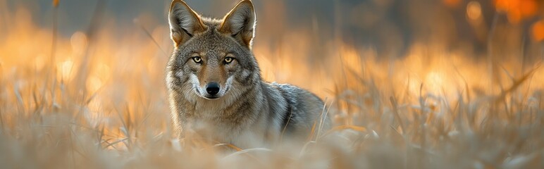 Fototapeta premium Wild coyotes standing in prairie grass in nature found throughout North America. They're known for their distinctive yipping and howling sounds. Portrait of Coyote in grassland.