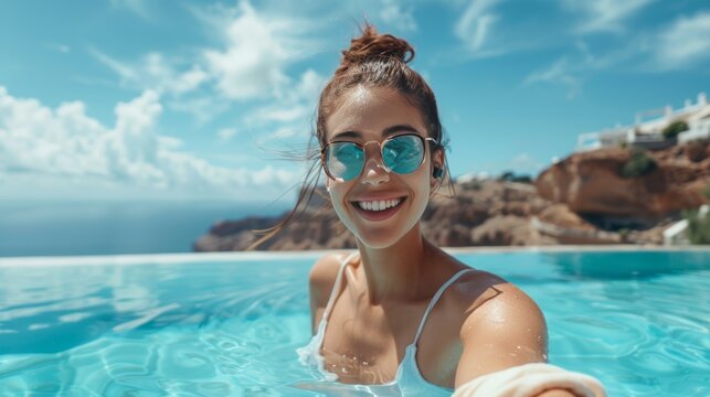 girl in the pool in summer taking a selfie with the camera or phone